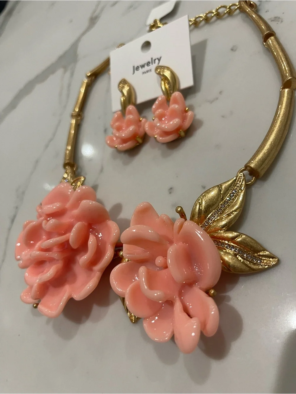 Vintage 18K Gold Plated and Pink Floral Statement Necklace and Earring Set
